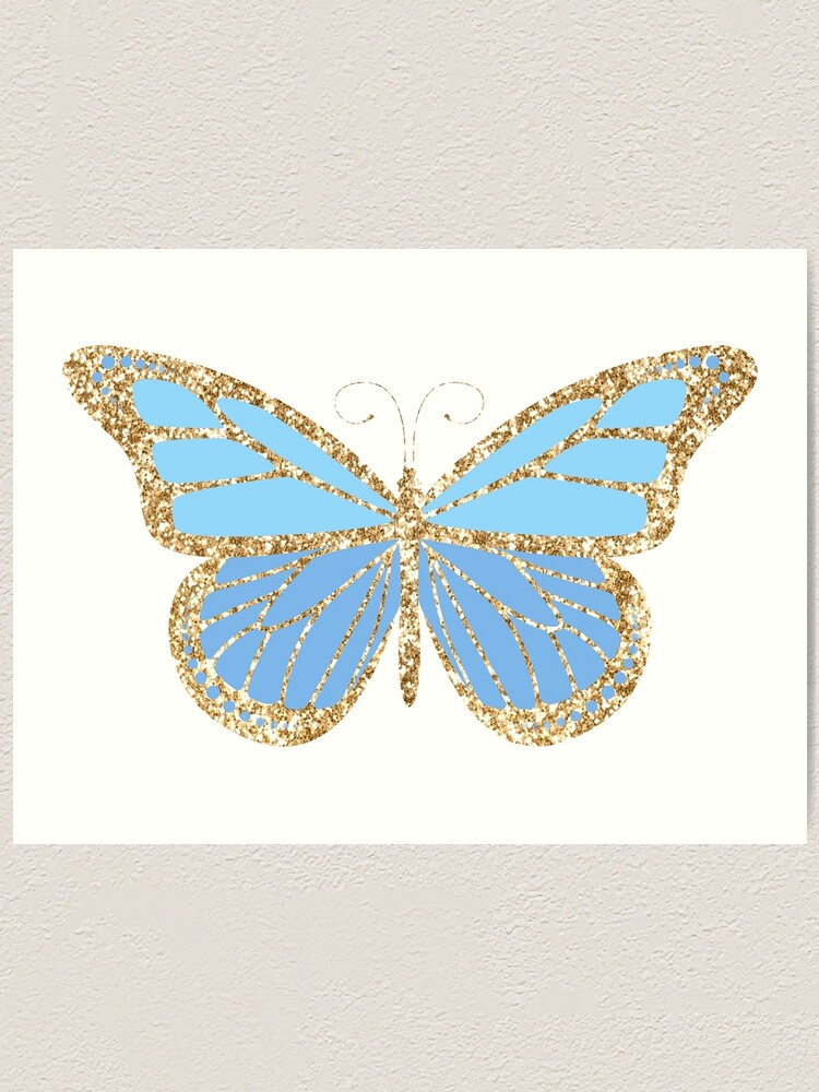 Pastel Blue Butterfly with Golden Sparkles | Art Print