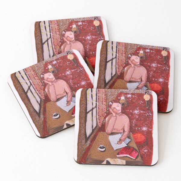 Item preview, asian woman studying in a cafe gouache painting designed and sold by wruby.