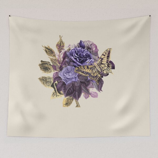 Item preview,  Vintage Purple and Gold Roses with Butterfly on Creamy Beige designed and sold by SeaChangeDesign.