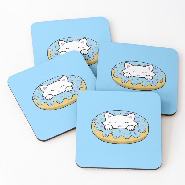 Item preview, Cute white kitten eating a blue doughnut pattern designed and sold by Purr95.