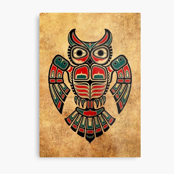 Red and Teal Blue Haida Spirit Owl Metal Print