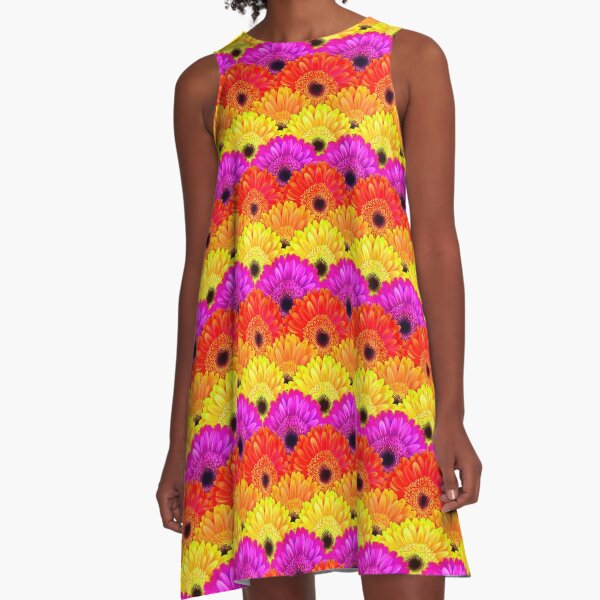Gerbera Flowers in Purple, Red, Yellow and Orange A-Line Dress