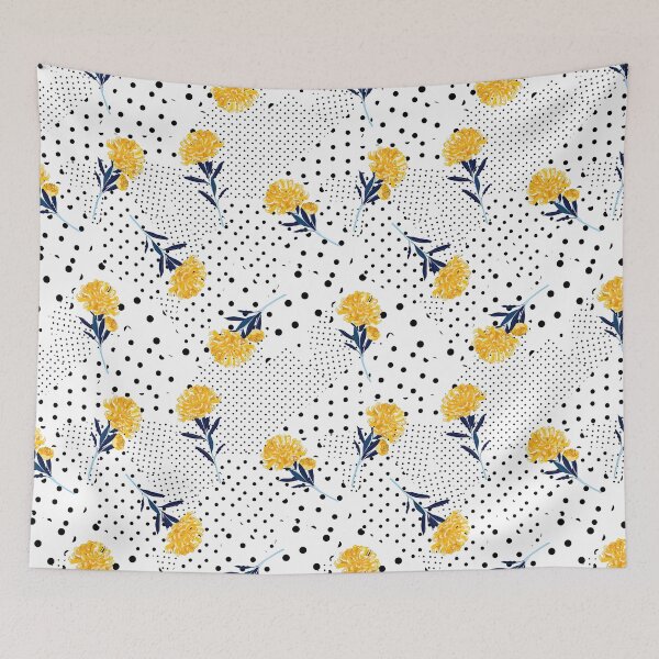 Item preview, Black and White Polka dot with bright summer oriental blooming yellow flowers, Black and White Polka dot Pattern, Black and White Polka dot Design, Polka Dot designed and sold by graphic-genie.