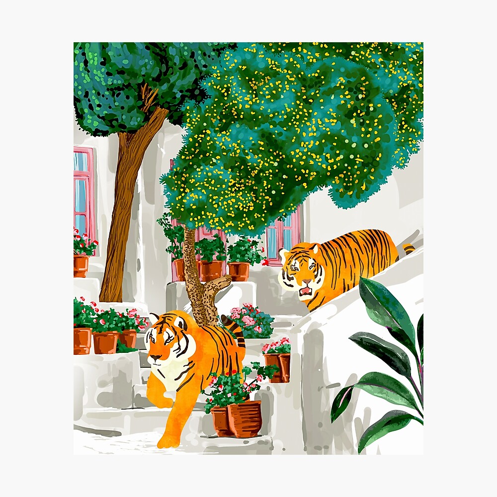 Tigers in Greece | Santorini Travel Architecture, Wildlife Animal Painting  | Watercolor Illustration
