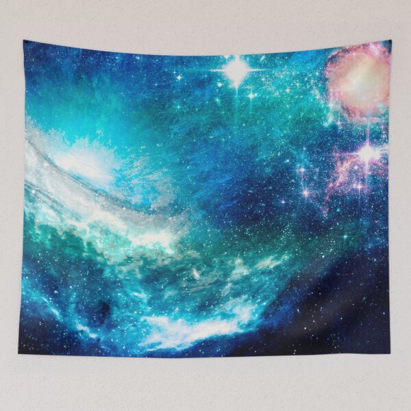 Item preview, The Starry Galaxy, magical teal blue Milky way and planets  tapestry, trendy home decor art, wall designed and sold by August-E.