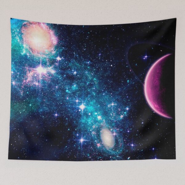Item preview, The Magical Galaxy, teal blue Milky way and purple planets tapestry, trendy home decor art, wall designed and sold by August-E.