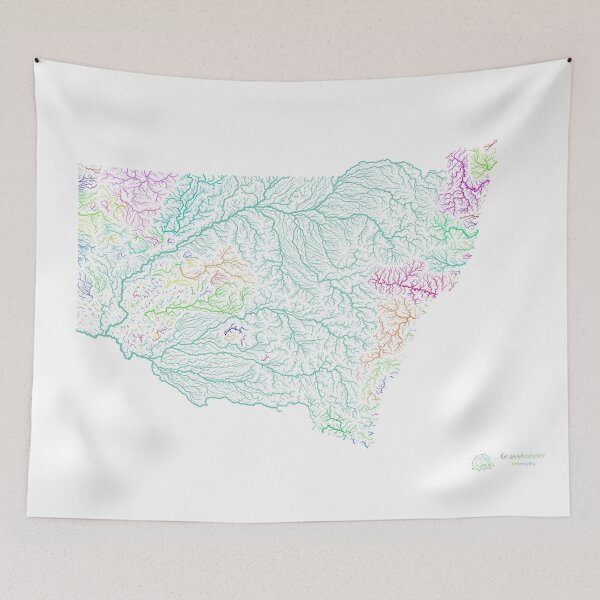 Artikelvorschau, Flusseinzugsgebietskarte von New South Wales in Regenbogenfarben mit weißem Hintergrund entworfen und verkauft von GrasshopperGeo.