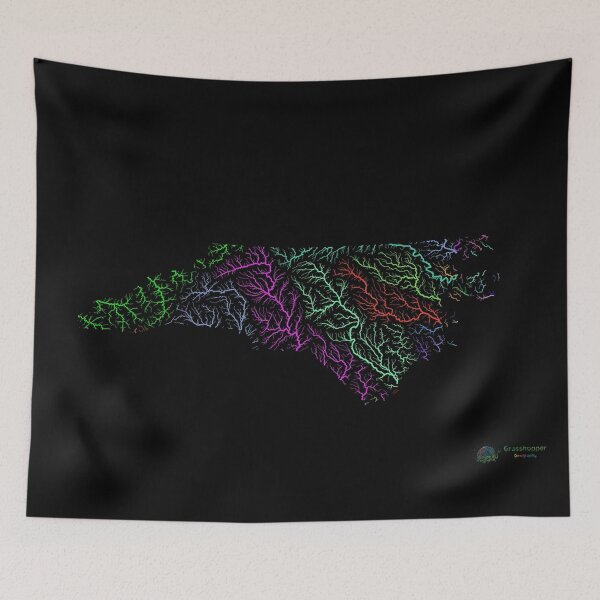 Item preview, North Carolina River Basin Map in Rainbow Colours with Black Background designed and sold by GrasshopperGeo.