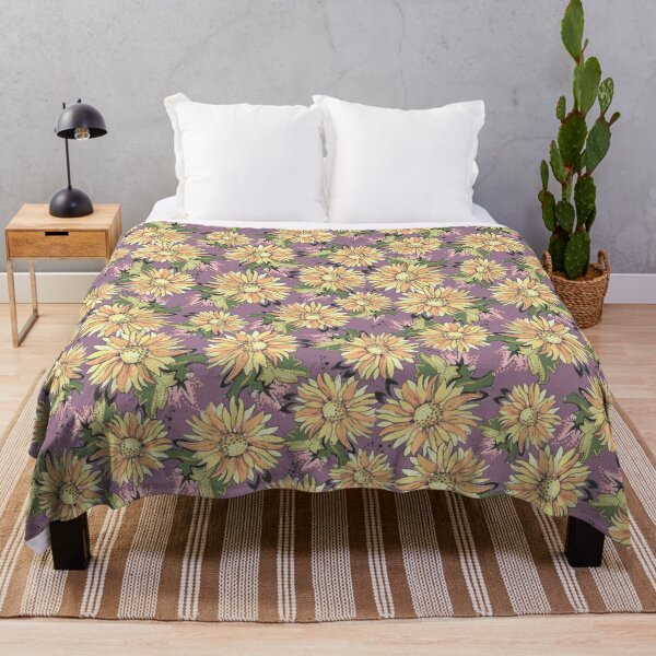 Color Sunflowers Allover print- Vintage Colorful Floral Throw Blanket