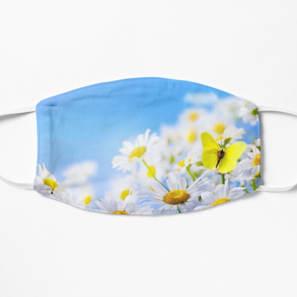yellow butterfly on a field daisy, in a field under a blue sky Flat Mask