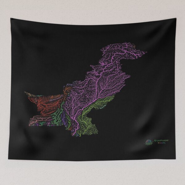 Item preview, Pakistan River Basin Map in Rainbow Colours with Black Background designed and sold by GrasshopperGeo.