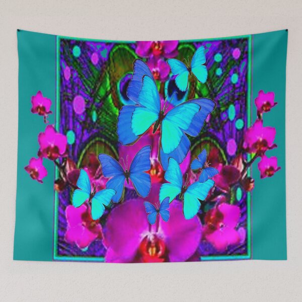 Item preview, PURPLE ORCHIDS BLUE BUTTERFLIES TEAL TROPICAL ART designed and sold by sharlesart.