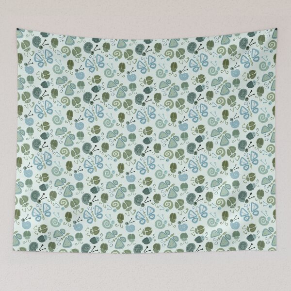 Item preview, Green-blue, bright children's print, beetles, butterflies, snails on a light background. designed and sold by UVI-CA.