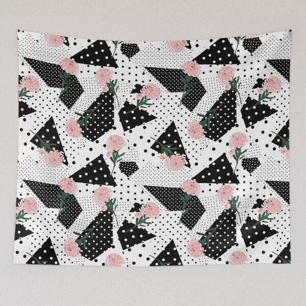Item preview, Black and White Polka dot with oriental blooming soft pink flowers, Black and White Polka dot Pattern, Black and White Polka dot Design, Polka Dot designed and sold by graphic-genie.