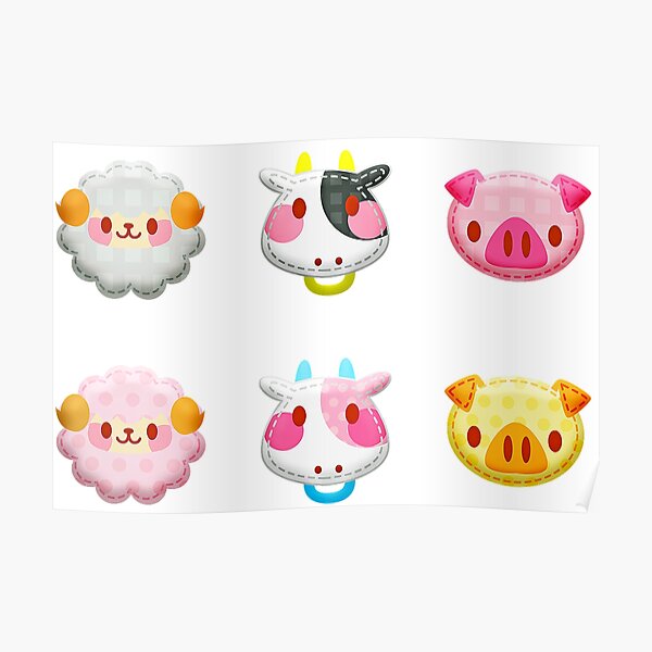 kawaii sheep, cow, and pig stickers Poster