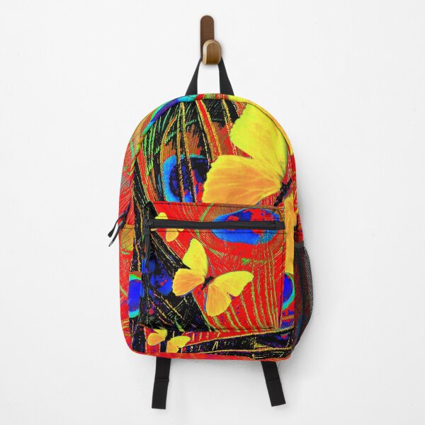 Item preview, YELLOW BUTTERFLIES PEACOCK FEATHERS ABSTRACT RED-BLACK ART designed and sold by sharlesart.