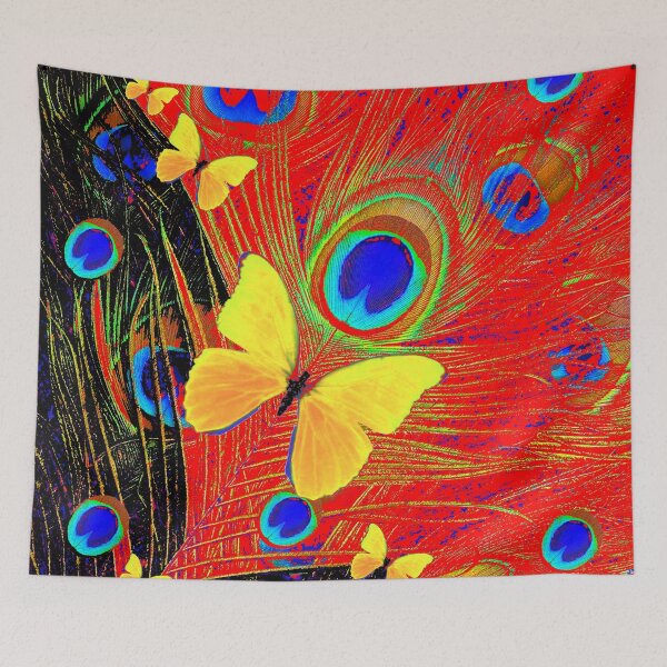 Item preview, YELLOW BUTTERFLIES  PEACOCK FEATHERS ABSTRACT RED-BLACK ART designed and sold by sharlesart.