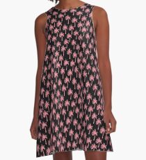 Pink Palm Trees on Black Background A-Line Dress