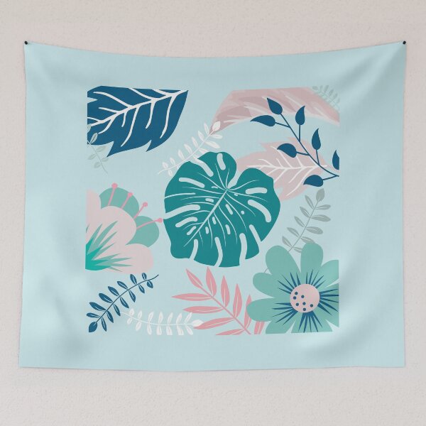 Item preview, Sky Bule and Green Monstera and Flowers Art  designed and sold by JooArtPrints  ★★★★★.