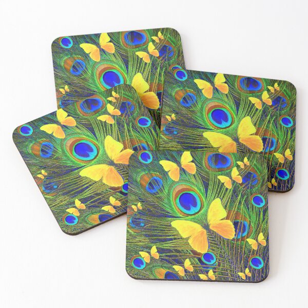 Item preview, YELLOW BUTTERFLIES GREEN PEACOCK FEARTHER PATTERN ART  designed and sold by sharlesart.