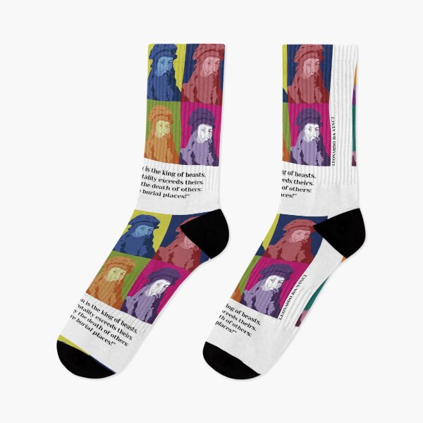 Item preview, pop art Leonardo da Vinci, da Vinci vegan quotes, “Truly man is the king of beasts, for his brutality exceeds theirs. We live by the death of others: We are burial places! ” designed and sold by challengecafe.