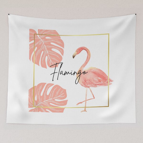Item preview, Flamingo and pink tropical monstera leaves with gold border illustration designed and sold by cinnamonbay.