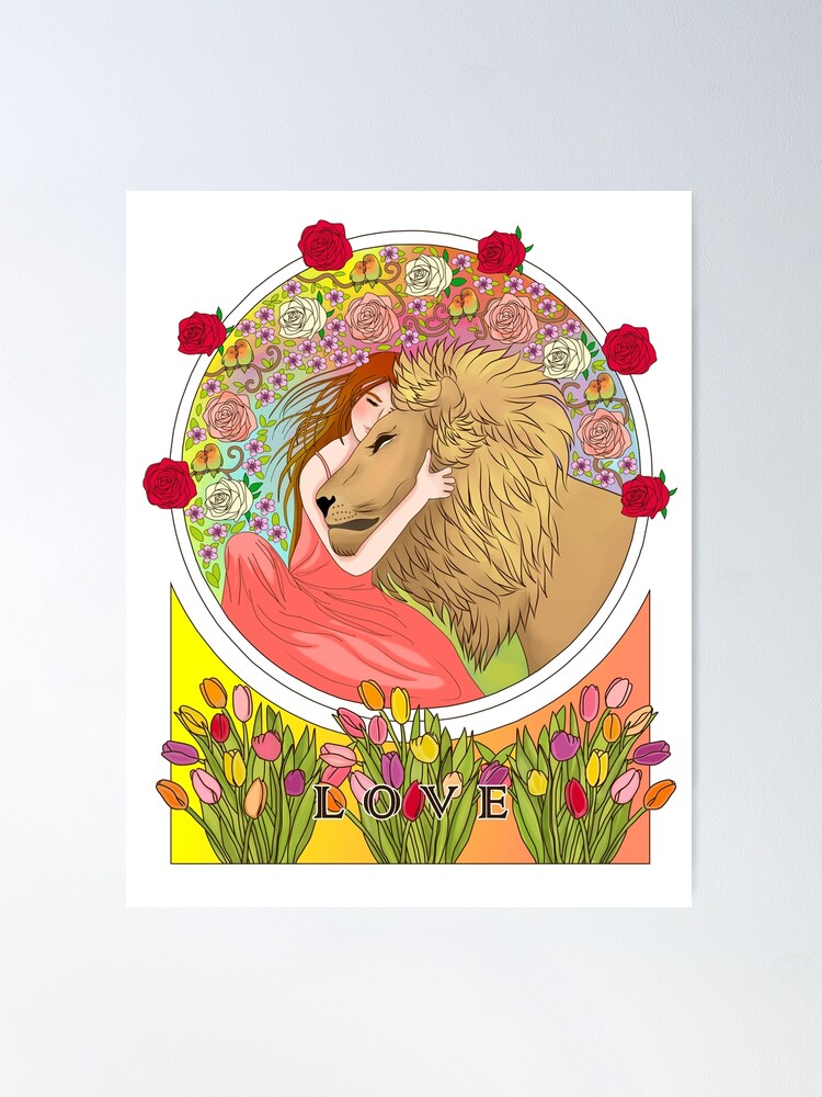 Art Nouveau Virgo Maiden and Leo Lion zodiac signs colorful floral