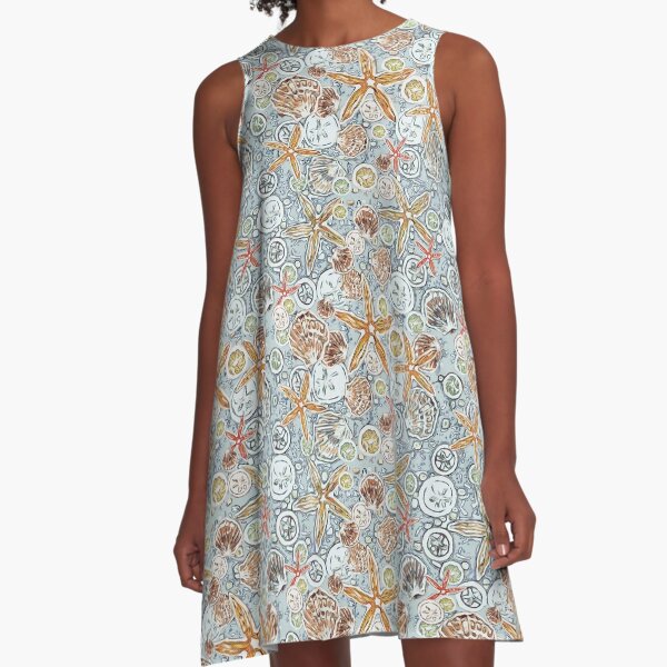 Seashells, starfish, scallop shells, sand dollars on light teal A-Line Dress