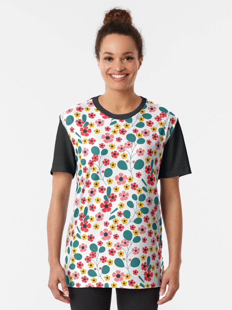 Thumbnail 2 of 5, Graphic T-Shirt, A Simple Colorful Pattern With Red And Pink Flowers designed and sold by Victoria Riabov.