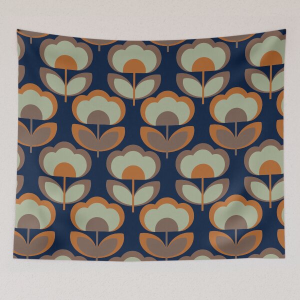 Item preview, 70s style dark blue graphic flower pattern designed and sold by Pattern Art Designs.