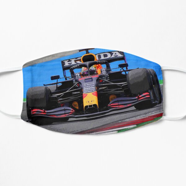 Max Verstappen racing in the 2021 F1 car from the front abstract Flat Mask