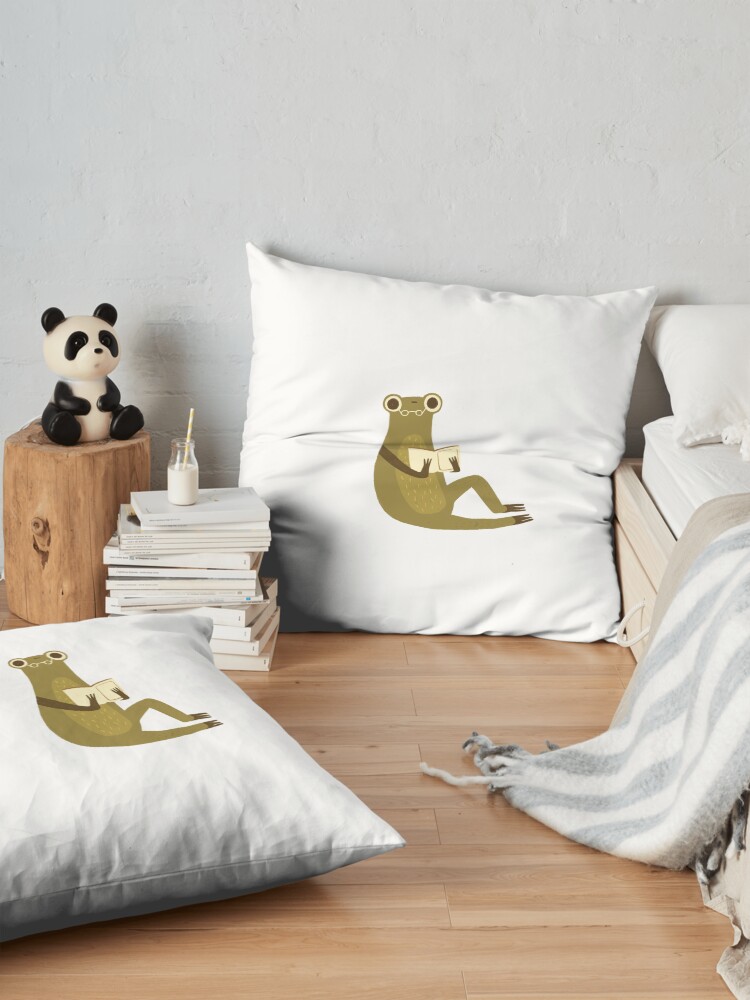 Alternate view of Cute frog with glasses reading a book Floor Pillow