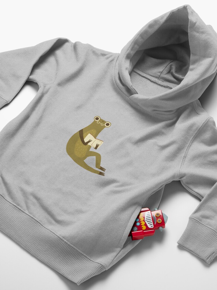 Alternate view of Cute frog with glasses reading a book Toddler Pullover Hoodie