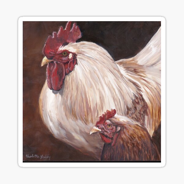 White Rooster and Hen Original Art Oil Painting Sticker