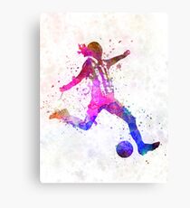 Mädchen, das Fußballfußballspielerschattenbild spielt Leinwanddruck