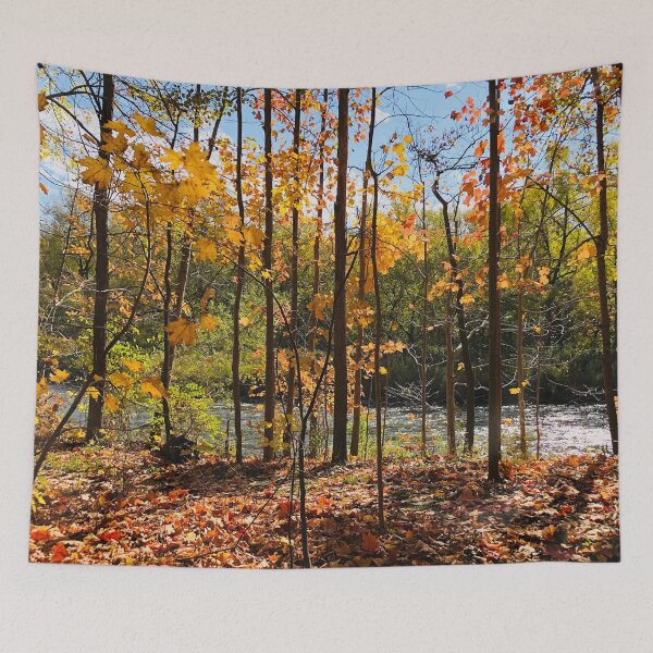 Item preview, Fall Colors Maple Red Orange Yellow Leaves Trees Forest River Blue Sky White Clouds Autumn  designed and sold by HppyStrngHelthy.
