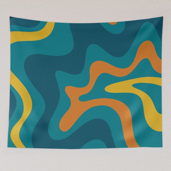 Item preview, Retro Liquid Swirl Abstract Pattern Square in Moroccan Blue, Teal, Orange, and Mustard.  designed and sold by kierkegaard.