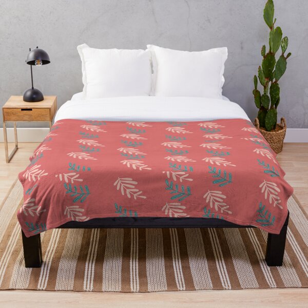 Item preview, White leaves and blue leaves pattern on light red background designed and sold by Arabella01.