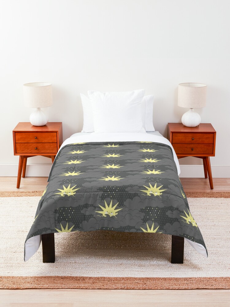 Comforter, Happy sun in a sea of gray clouds designed and sold by petitspixels