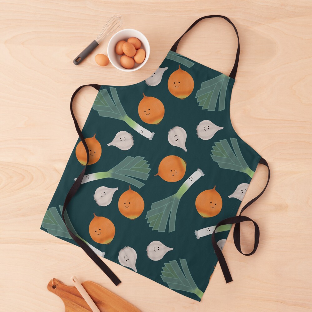 Allium Family - Leek, Onion and Garlic, Pattern Art (blue) Apron