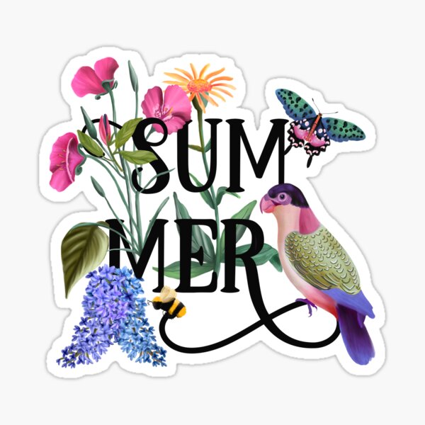 Botanical Summer Hand Lettered Illustration with Bird & Butterfly Sticker
