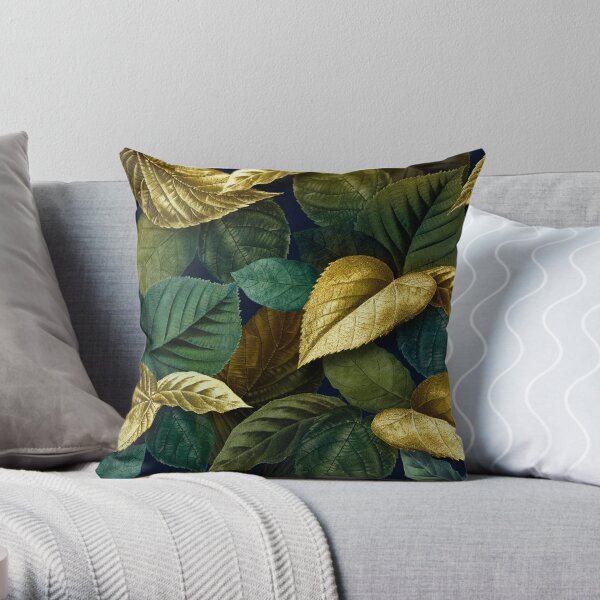 Metallic gold and green leaves Throw Pillow