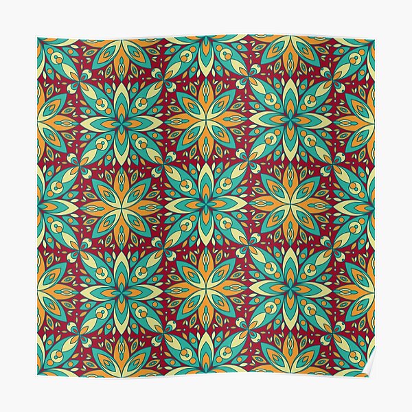 Geometric Flowers Leaves Traditional Bright Cute Seamess Ornament Fabric Tiles Poster