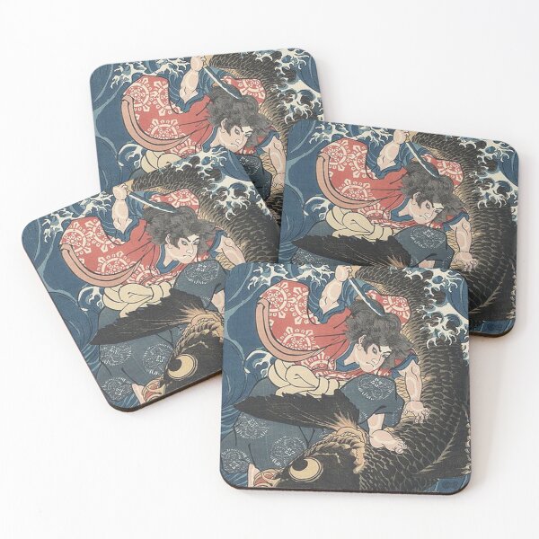 Item preview, Japanese ukiyo-e woodblock print: Oniwakamaru about to Kill the Giant Carp by Utagawa Kuniyoshi (Teal version) designed and sold by neworderu2.