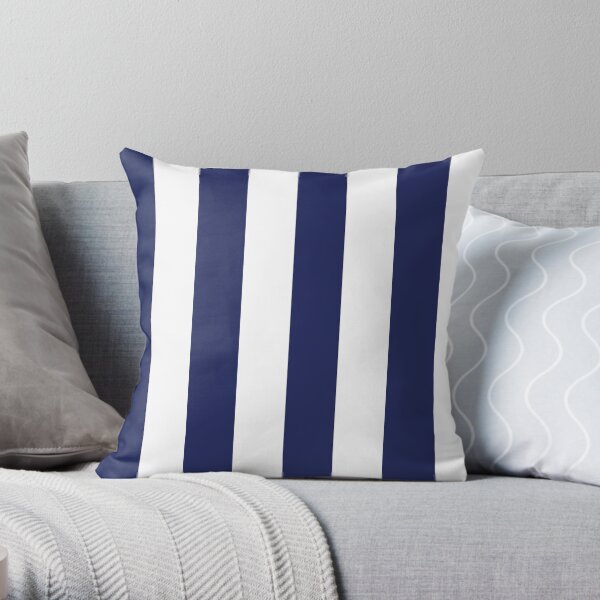 Navy Blue and White Stripes, Vertical Awning Stripes Throw Pillow