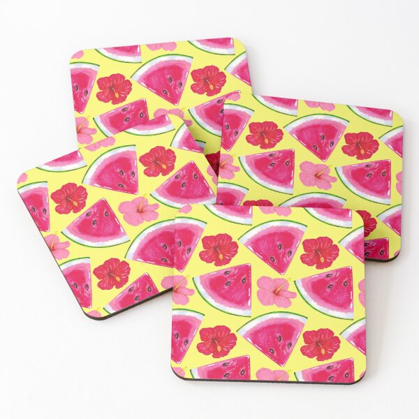 Item preview, Watermelon slices with hibiscus flowers. Summer tropical pattern on a light yellow background designed and sold by Colibri77.