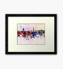 Washington DC skyline in watercolor background Framed Print