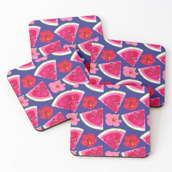 Item preview, Watermelon slices with hibiscus flowers. Summer tropical pattern on a blue background designed and sold by Colibri77.