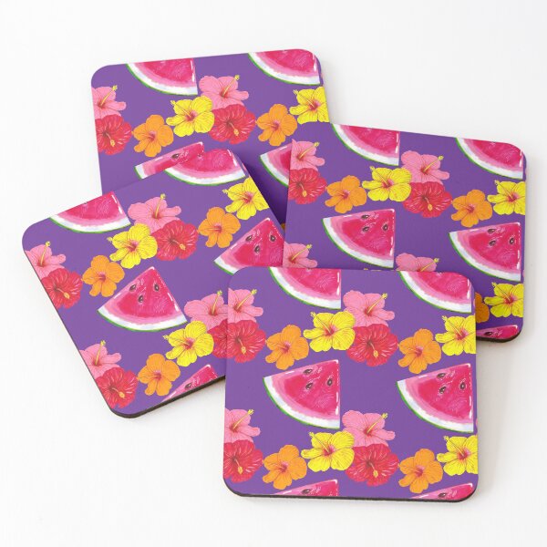 Item preview, Watermelon slices with hibiscus flowers. Summer tropical pattern on a purple background designed and sold by Colibri77.