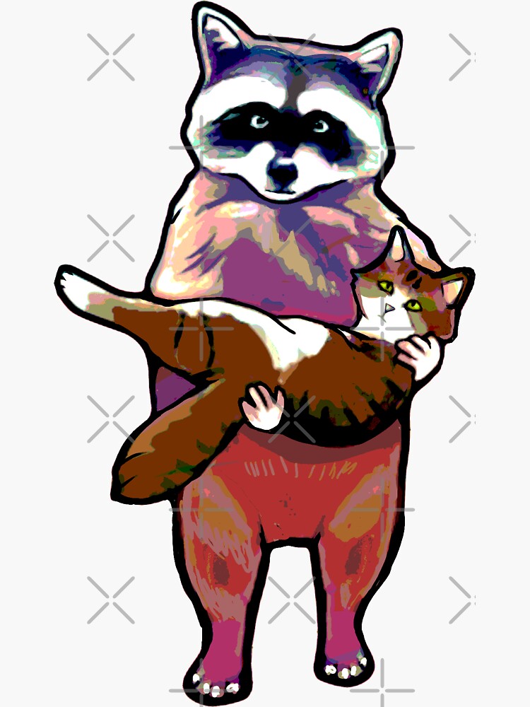 "ICONIC Raccoon Holding Cat Meme" Sticker by catifex Redbubble
